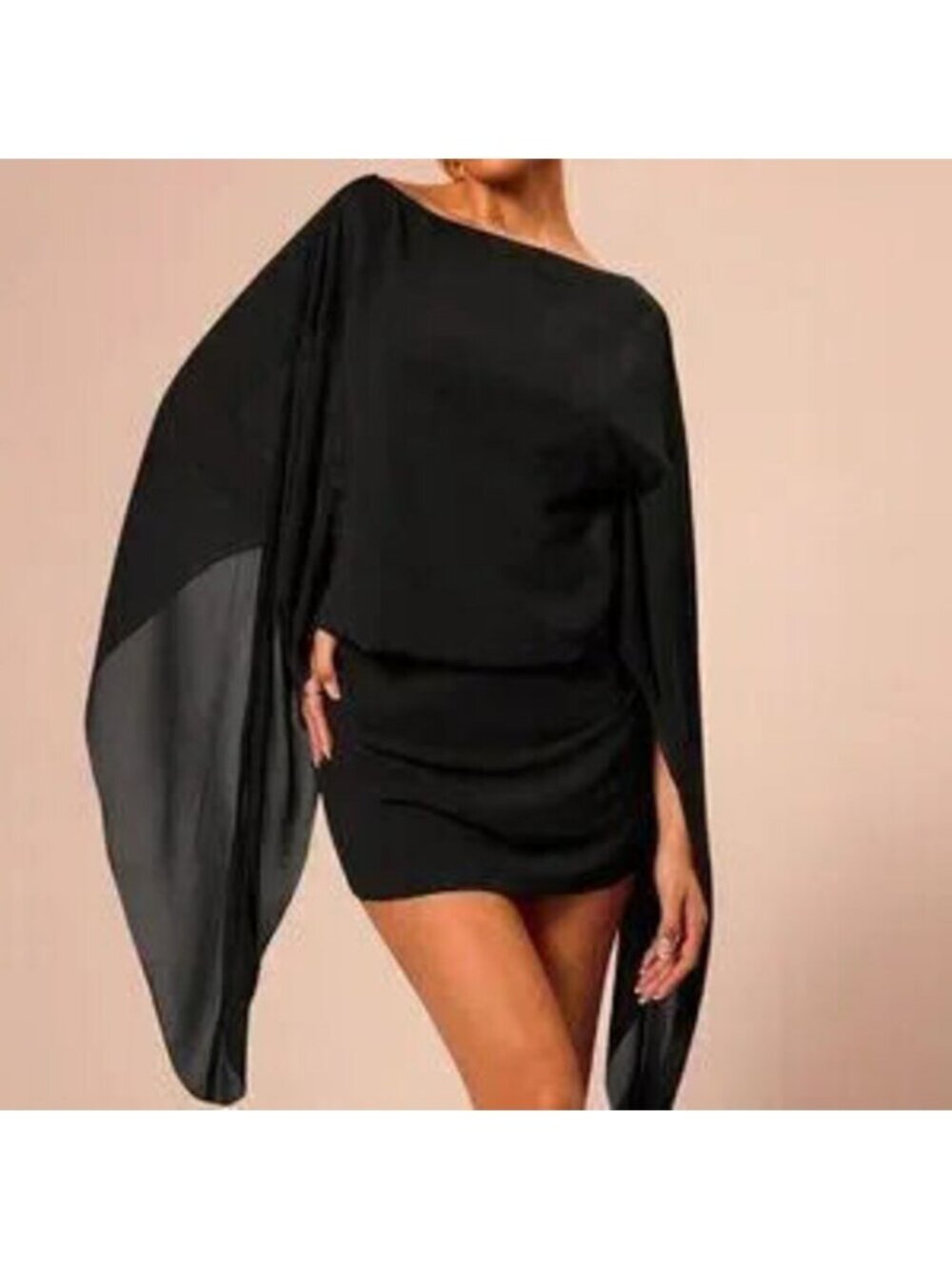 Black Party Women's Boat Neck Draped Sleeve Slouch Mini Dress